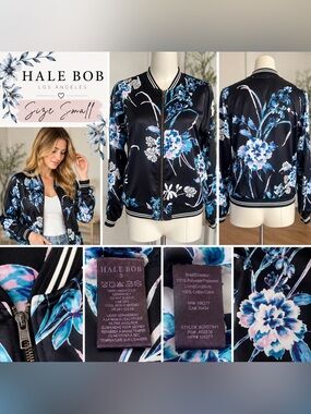 Hale Bob Satin Floral Bomber Jacket - Black and Blue Size Small